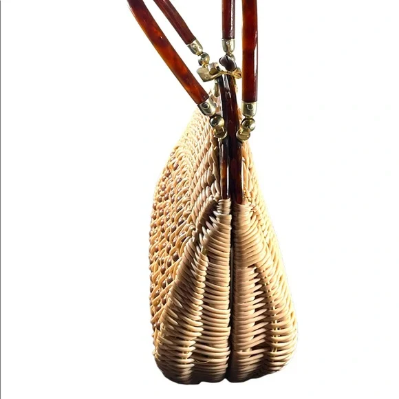 #37 VTG  Wicker Lucite handle fancy woven basket bead purse - Picture 3 of 16